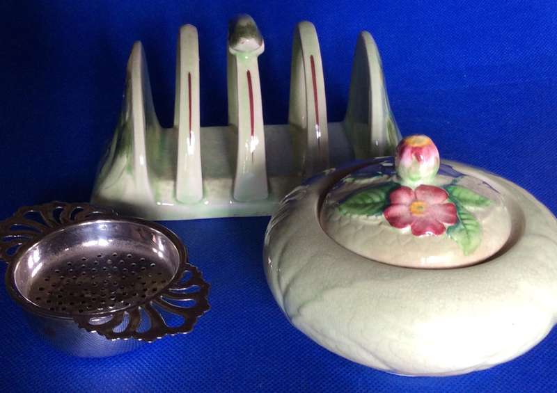 Vintage Carlton Ware Covered Sugar Bowl, Sterling Porcelain Toast Rack and SP Tea Strainer