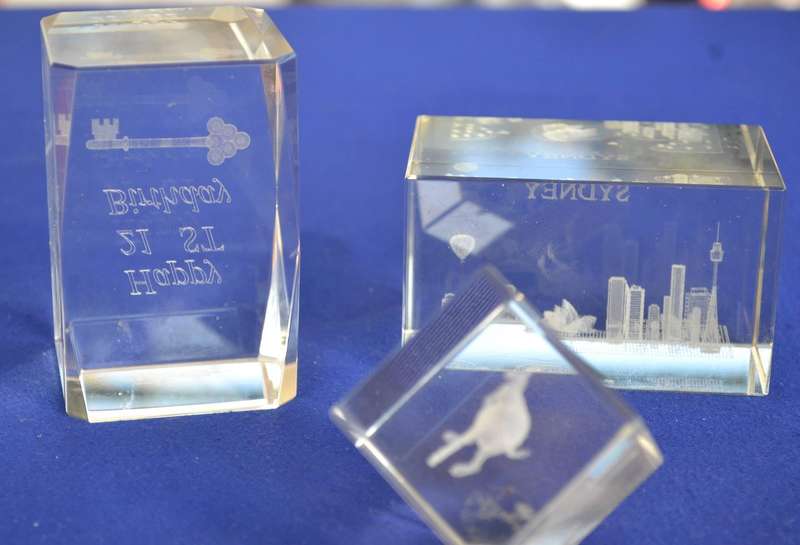 Vintage 3D Hologram Laser Etched Glass Paperweights x 3