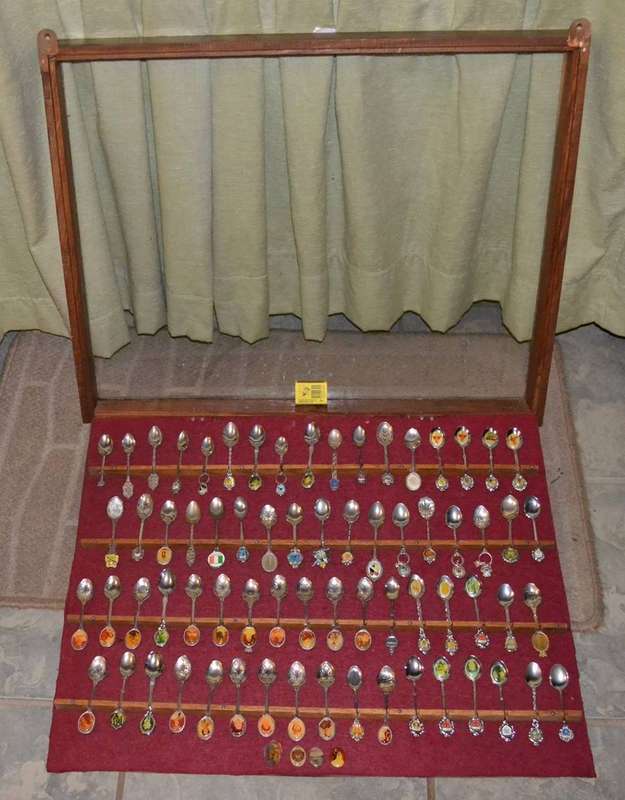 Large Collection of  Vintage Souvenir / Collectable Spoons in Display Case