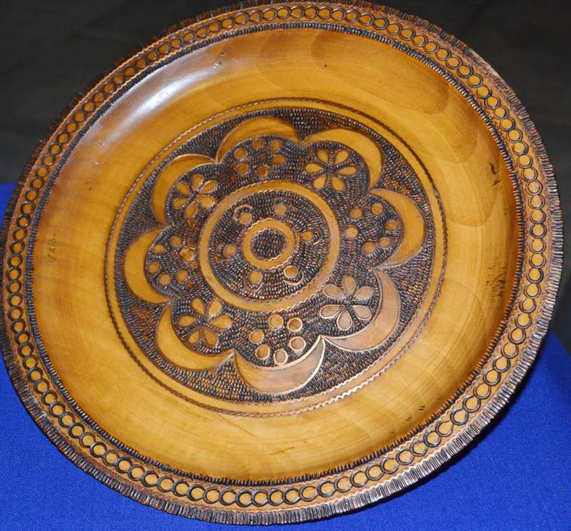 True Vintage Wooden Polish Folk Art Plate with Brass Inlay