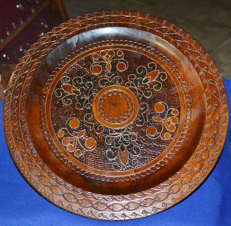 True Vintage Wooden Polish Folk Art Plate with Brass Inlay