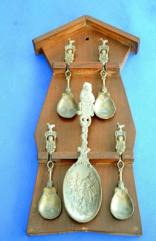 Vintage Dutch Pewter Spoons in Wooden House Style Display Rack