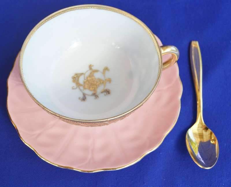 Nippon Hand Painted Gold on White Cup and Aynsley Saucer with 25kt Gold Plated Spoon - Vintage