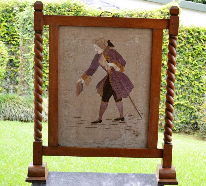 True Vintage Victorian Style French Oak Barley Twist Fire Screen with Needlework Image