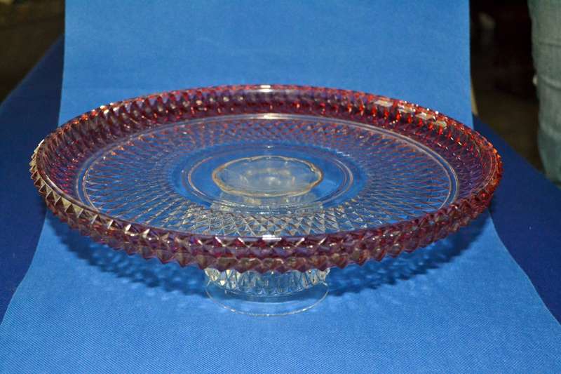 Indiana Glass Diamond Point  Ruby Red Band Cake Stand c1960's
