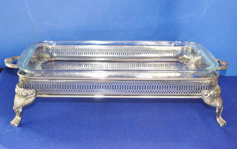 Vintage Silver Plated Footed Serving Dish Holder with Pyrex Serving Dish
