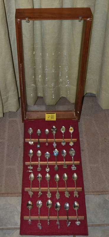 Collection of  Vintage Souvenir / Collectable Spoons in Display Case