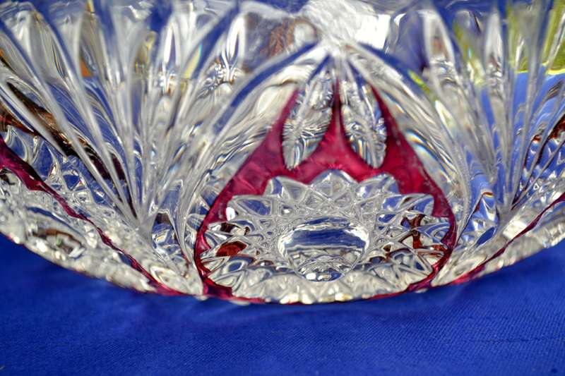 Vintage Cut Crystal Bowl with Ruby Red Panel and FloralDesign