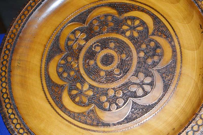 True Vintage Wooden Polish Folk Art Plate with Brass Inlay