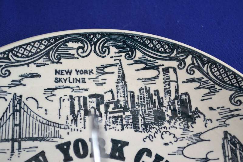 Single Tier Cake Stand - American Ironstone Collectors Plate  depicting  New York  City Landmarks
