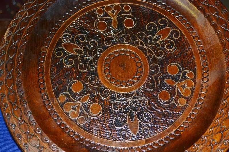True Vintage Wooden Polish Folk Art Plate with Brass Inlay