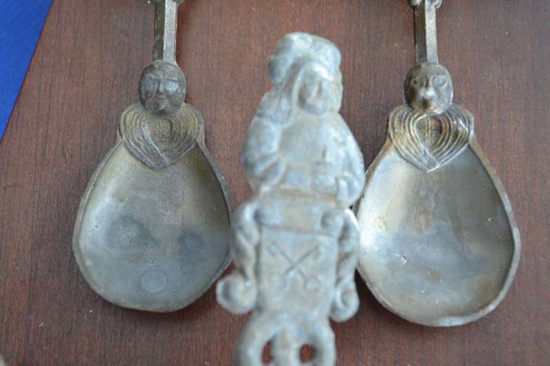 Vintage Dutch Pewter Spoons in Wooden House Style Display Rack