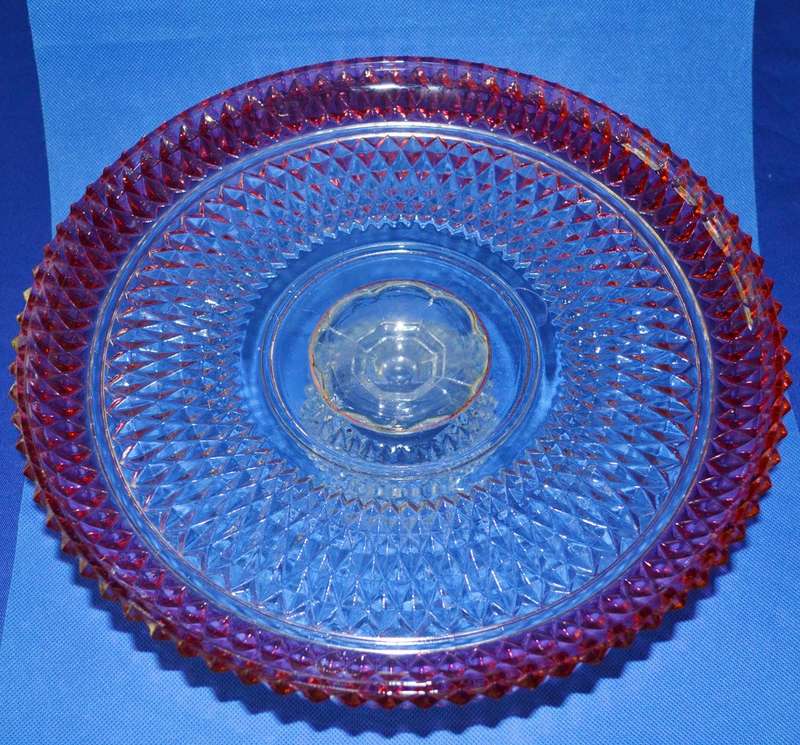 Indiana Glass Diamond Point  Ruby Red Band Cake Stand c1960's