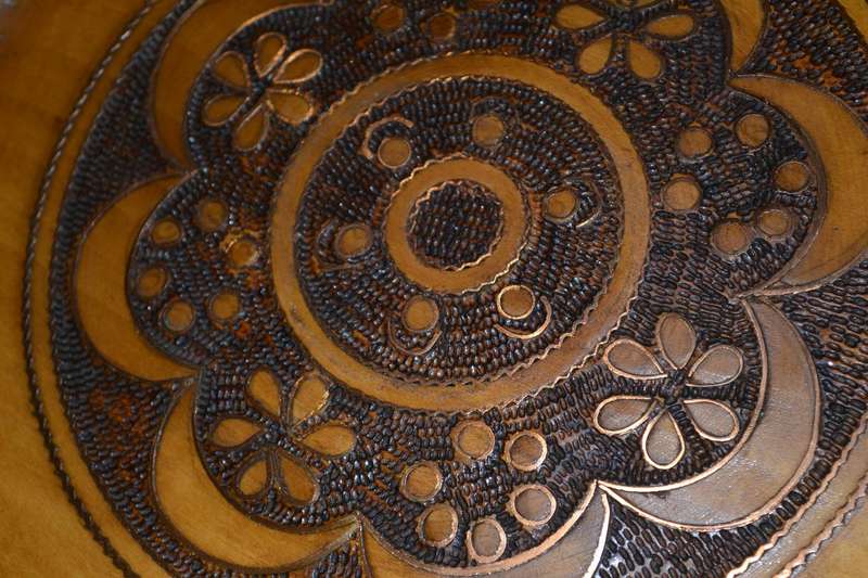 True Vintage Wooden Polish Folk Art Plate with Brass Inlay