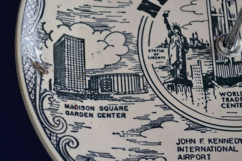 Single Tier Cake Stand - American Ironstone Collectors Plate  depicting  New York  City Landmarks