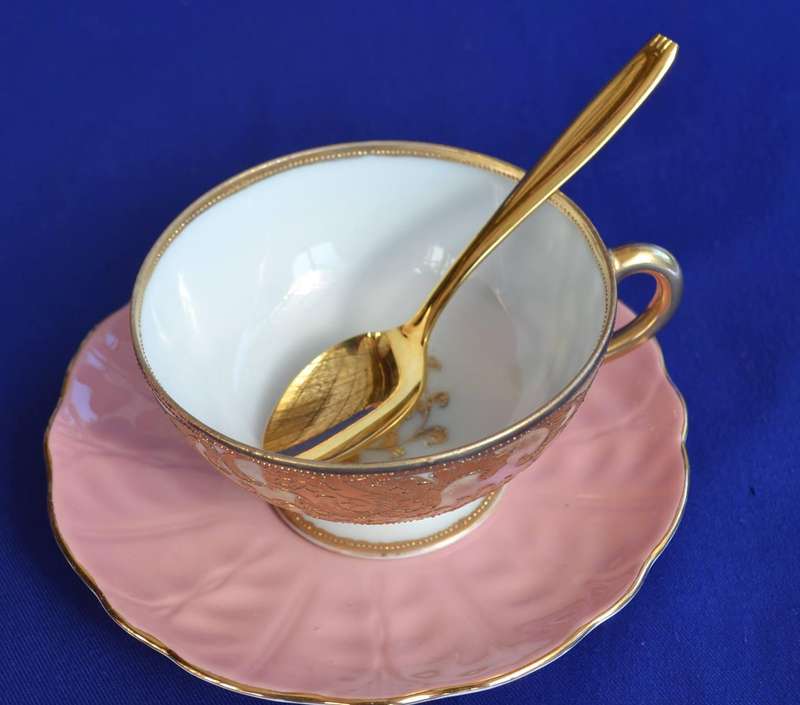 Nippon Hand Painted Gold on White Cup and Aynsley Saucer with 25kt Gold Plated Spoon - Vintage