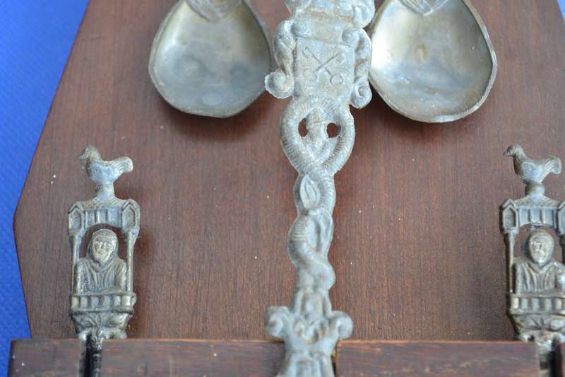 Vintage Dutch Pewter Spoons in Wooden House Style Display Rack