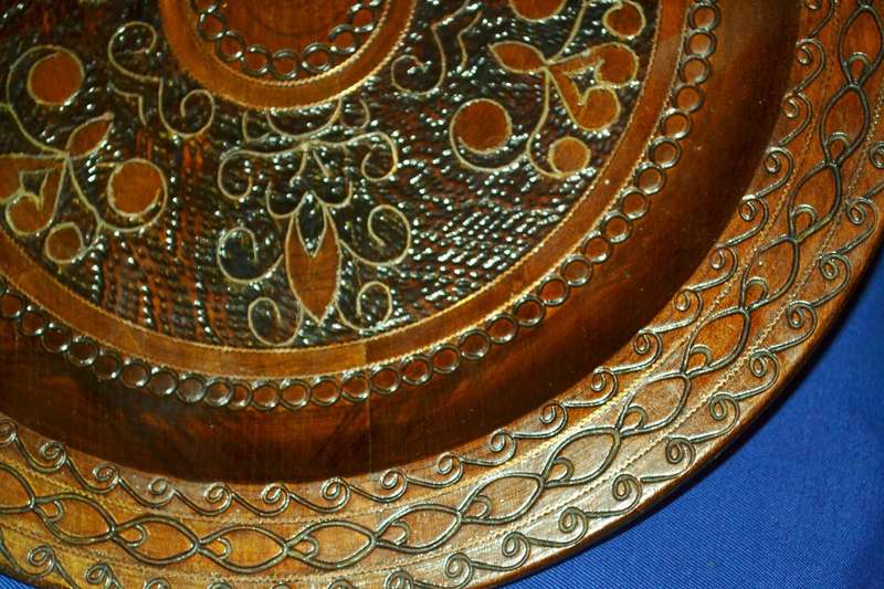 True Vintage Wooden Polish Folk Art Plate with Brass Inlay