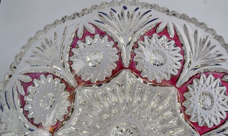 Vintage Cut Crystal Bowl with Ruby Red Panel and FloralDesign