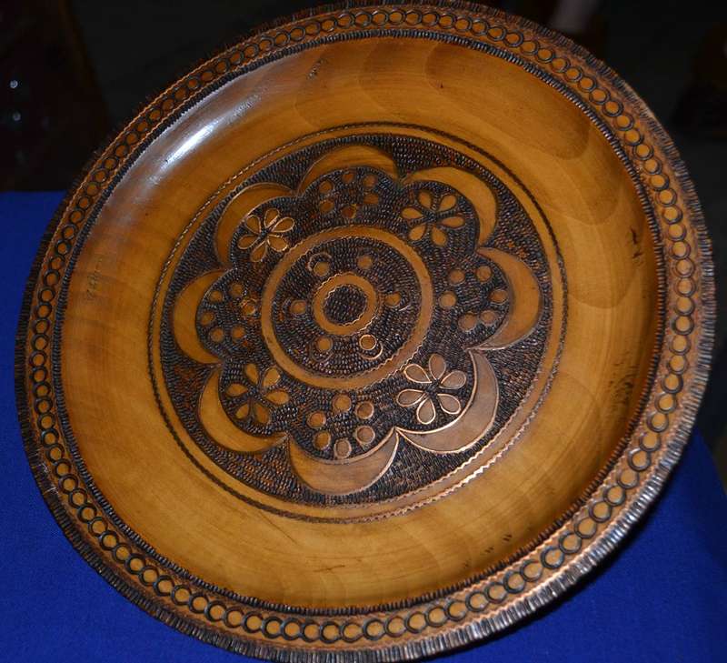 True Vintage Wooden Polish Folk Art Plate with Brass Inlay
