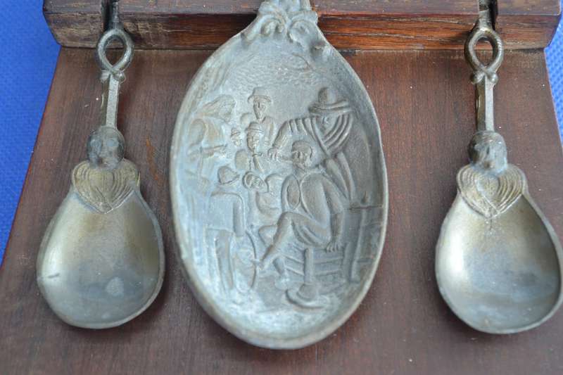 Vintage Dutch Pewter Spoons in Wooden House Style Display Rack