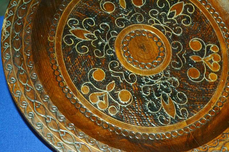 True Vintage Wooden Polish Folk Art Plate with Brass Inlay