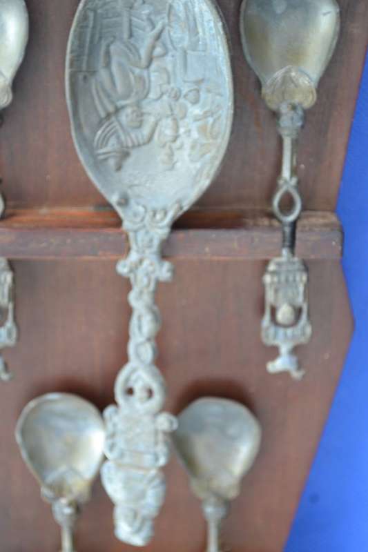 Vintage Dutch Pewter Spoons in Wooden House Style Display Rack