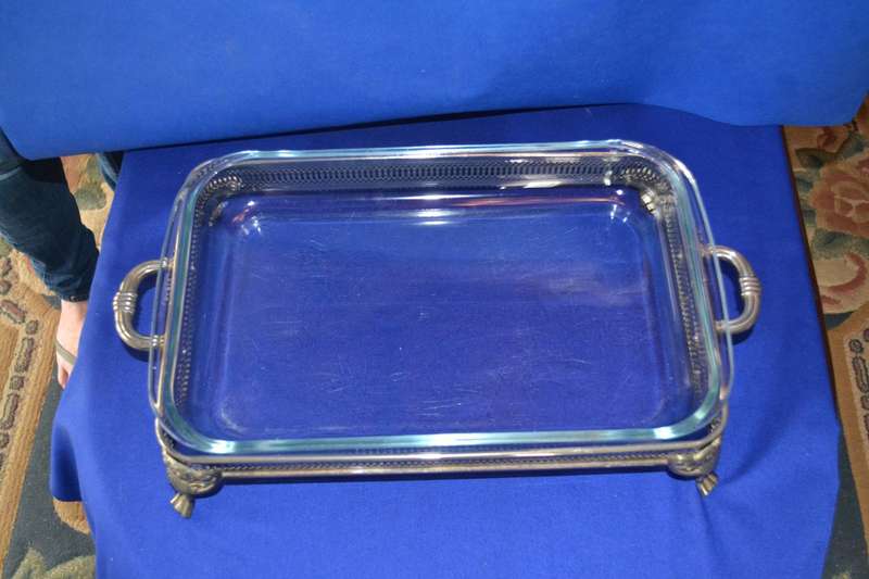 Vintage Silver Plated Footed Serving Dish Holder with Pyrex Serving Dish