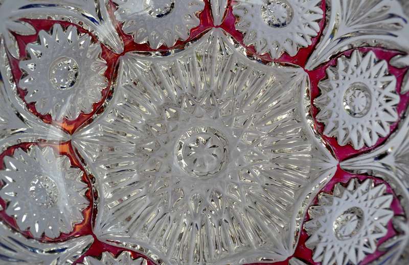 Vintage Cut Crystal Bowl with Ruby Red Panel and FloralDesign