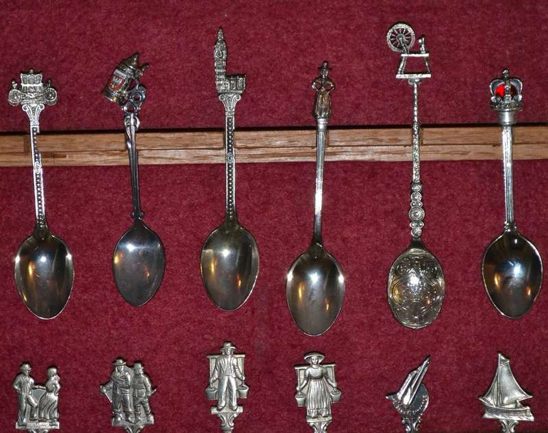Collection of  Vintage Souvenir / Collectable Spoons in Display Case
