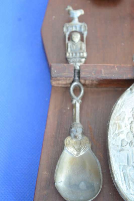 Vintage Dutch Pewter Spoons in Wooden House Style Display Rack