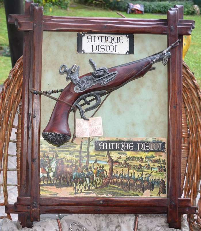 Vintage Replica Antique Snaphance Pistol Displayed on wooden frame