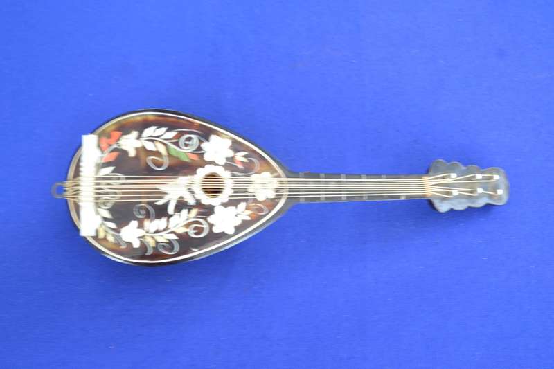 Vintage Miniature Inlaid  Mandolin Wind Up Music Box