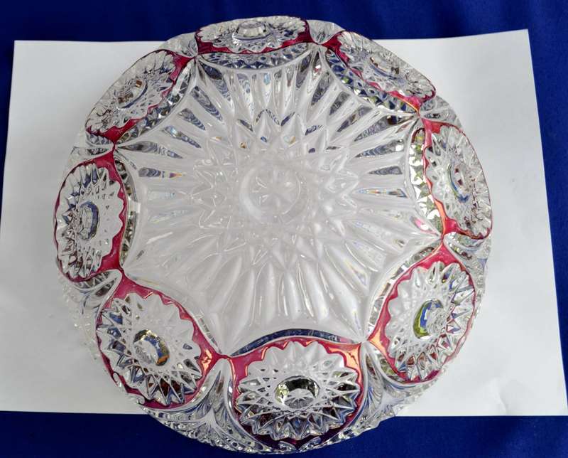 Vintage Cut Crystal Bowl with Ruby Red Panel and FloralDesign