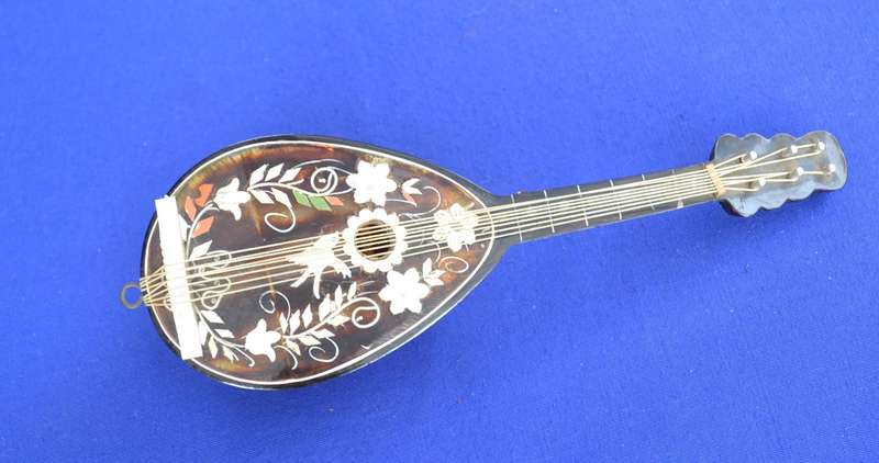 Vintage Miniature Inlaid  Mandolin Wind Up Music Box