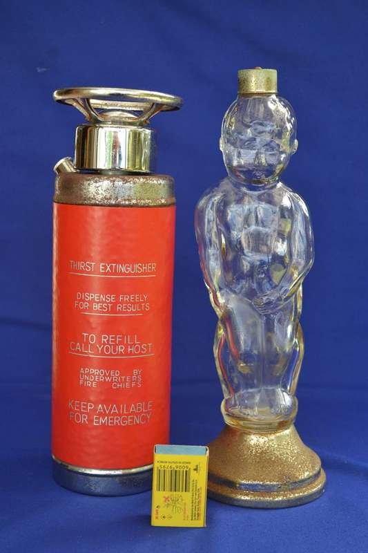 True Vintage Musical Decanters - Thirst Extinguisher and  Clear glass Figural Decanter