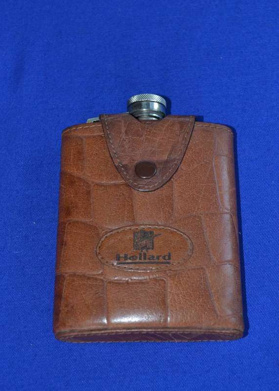 Vintage Covered Curved Hip Flask in Leather Pouch