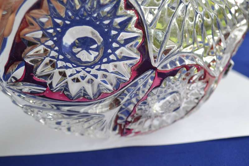 Vintage Cut Crystal Bowl with Ruby Red Panel and FloralDesign