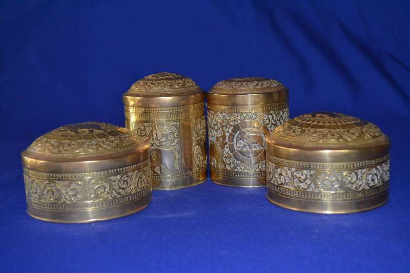 Set of Four  Vintage Indian Brass Cylindrical Engraved Containers