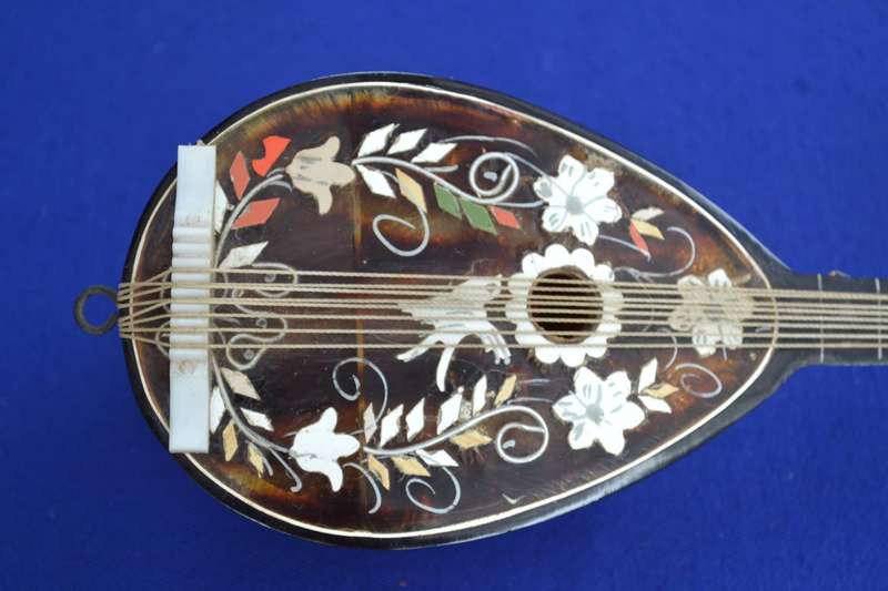 Vintage Miniature Inlaid  Mandolin Wind Up Music Box
