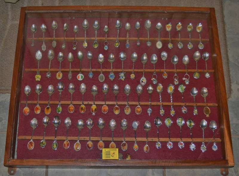 Large Collection of  Vintage Souvenir / Collectable Spoons in Display Case