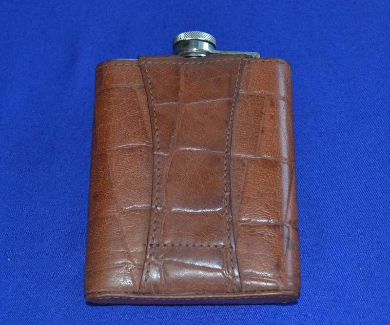 Vintage Covered Curved Hip Flask in Leather Pouch