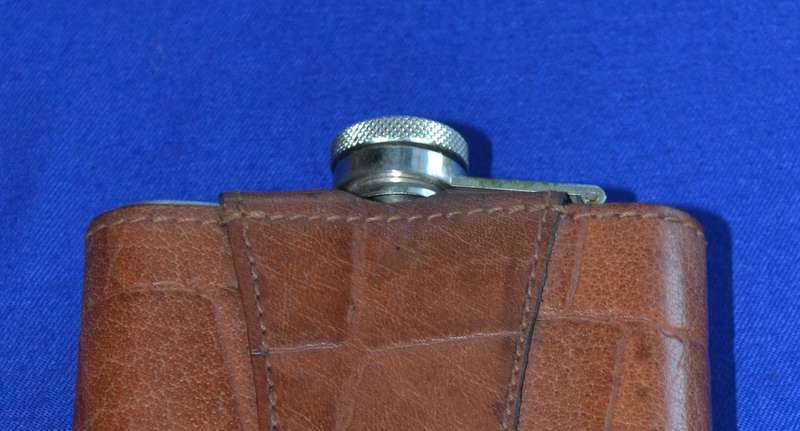 Vintage Covered Curved Hip Flask in Leather Pouch