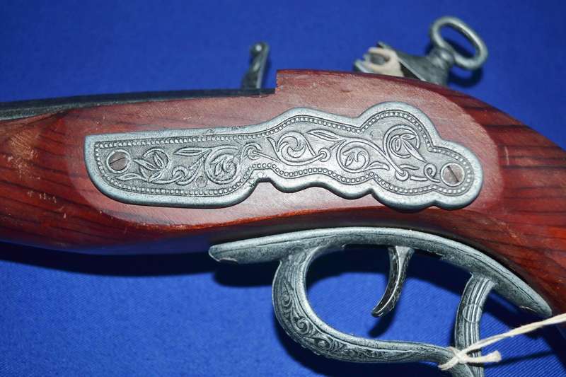 Vintage Replica Antique Snaphance Pistol Displayed on wooden frame