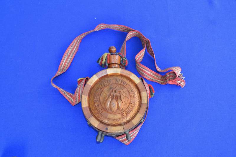True Vintage  European Wooden Carved  Flask with Shoulder Strap