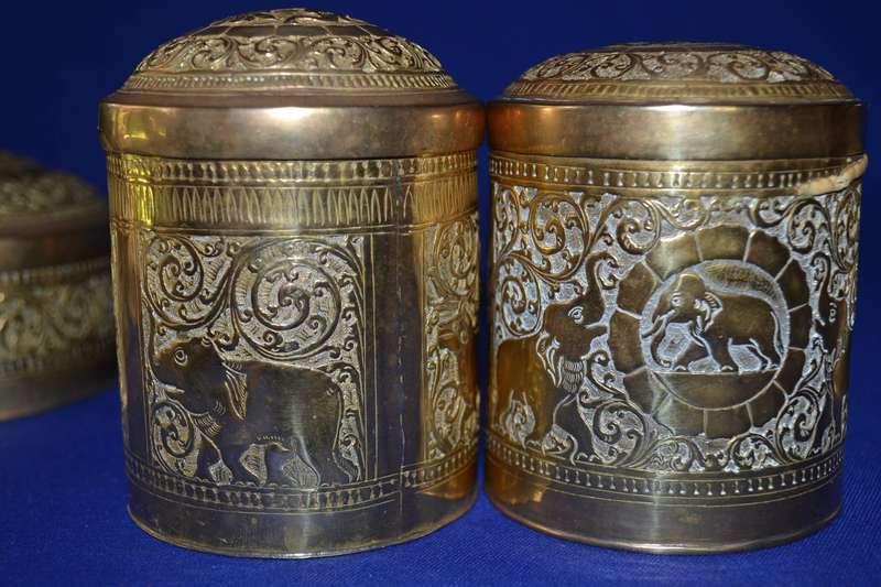 Set of Four  Vintage Indian Brass Cylindrical Engraved Containers