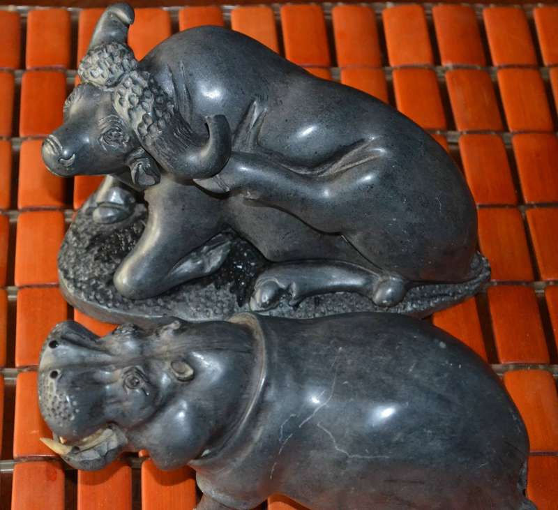 Heavy Vintage Hand Carved Stone Buffalo and Hippo Figures