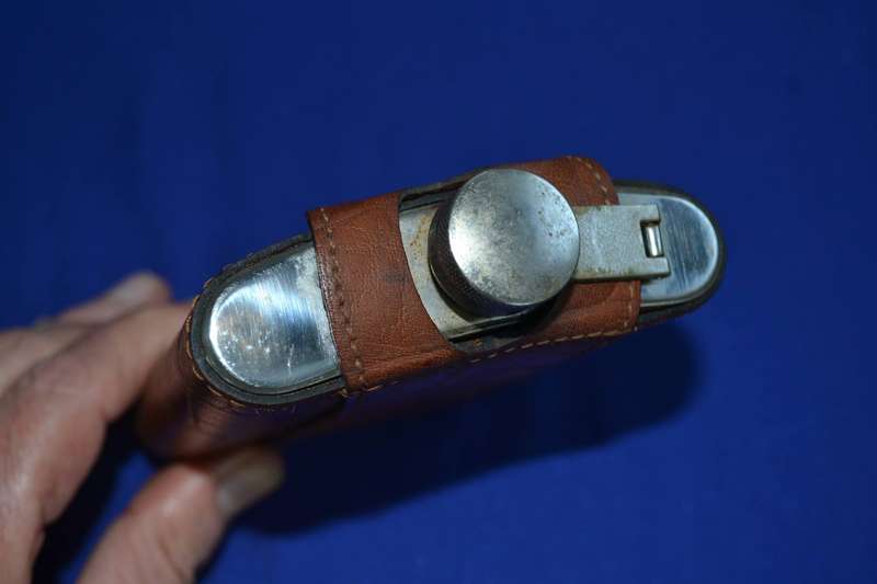 Vintage Covered Curved Hip Flask in Leather Pouch