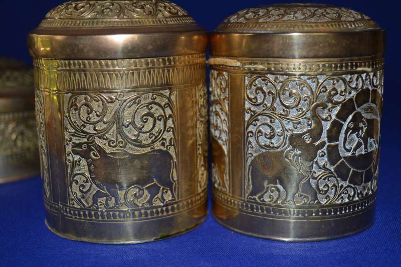 Set of Four  Vintage Indian Brass Cylindrical Engraved Containers