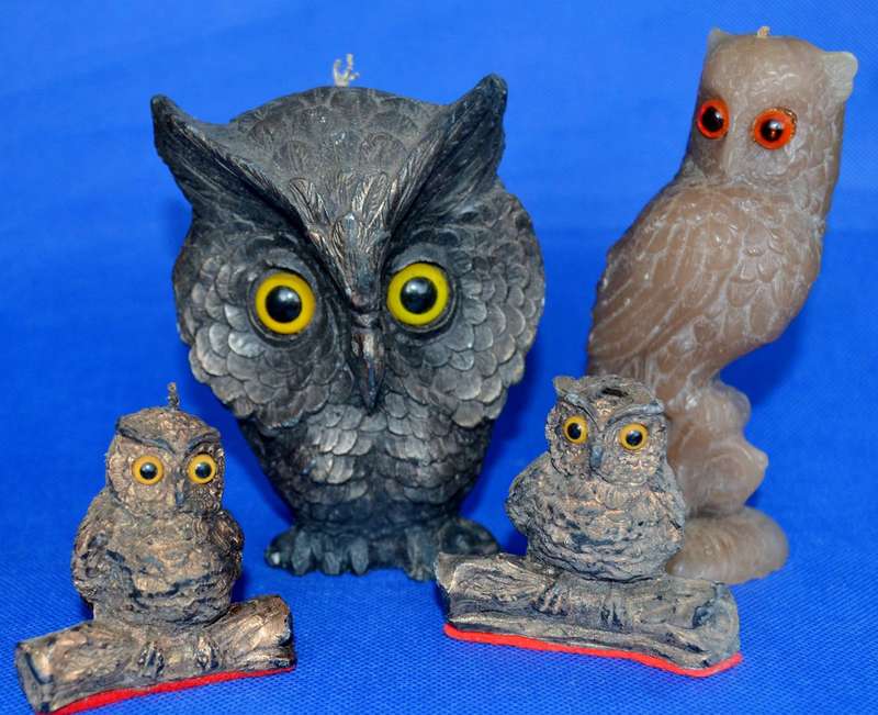 Vintage Sculpted Wax Owl Figure Candles  with Glass Eyes - 4 Pieces